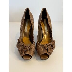 Pura Lopez Tan Leather Ruched Peep Toe Platform Bow Pumps Spain Size 39